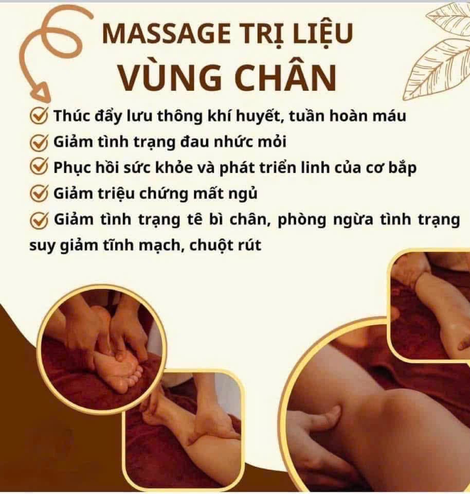 Infographic massage trị liệu vùng chân — lưu thông khí huyết, giảm tê bì